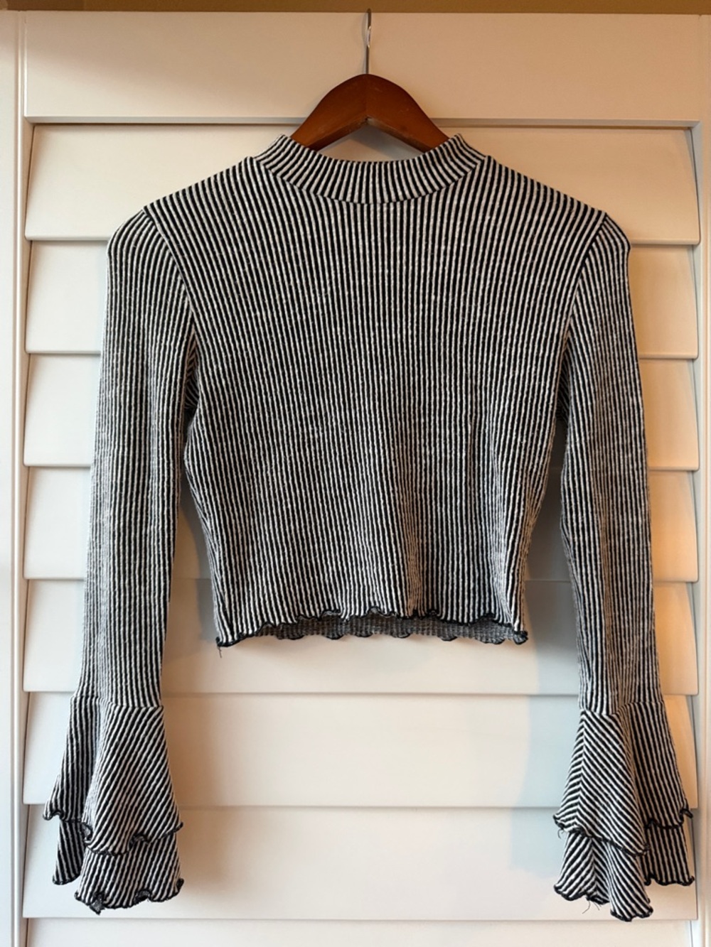 Striped Black & White Ribbed Mock Neck Top with Ruffle Bell Sleeves